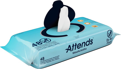 Attends Washcloths No-Rinse Disposable Cleansing Wipes for Incontinence, 7.8"x11.8", Hypoallergenic Alcohol-Free, Unscented, 48ct Bag