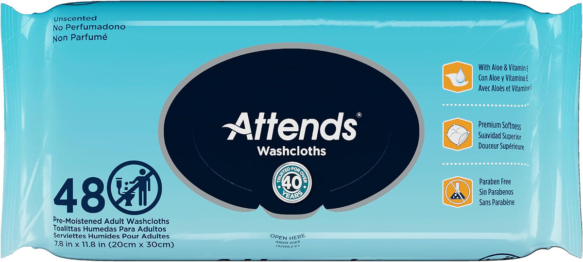 Attends Washcloths No-Rinse Disposable Cleansing Wipes for Incontinence, 7.8"x11.8", Hypoallergenic Alcohol-Free, Unscented, 48ct Bag